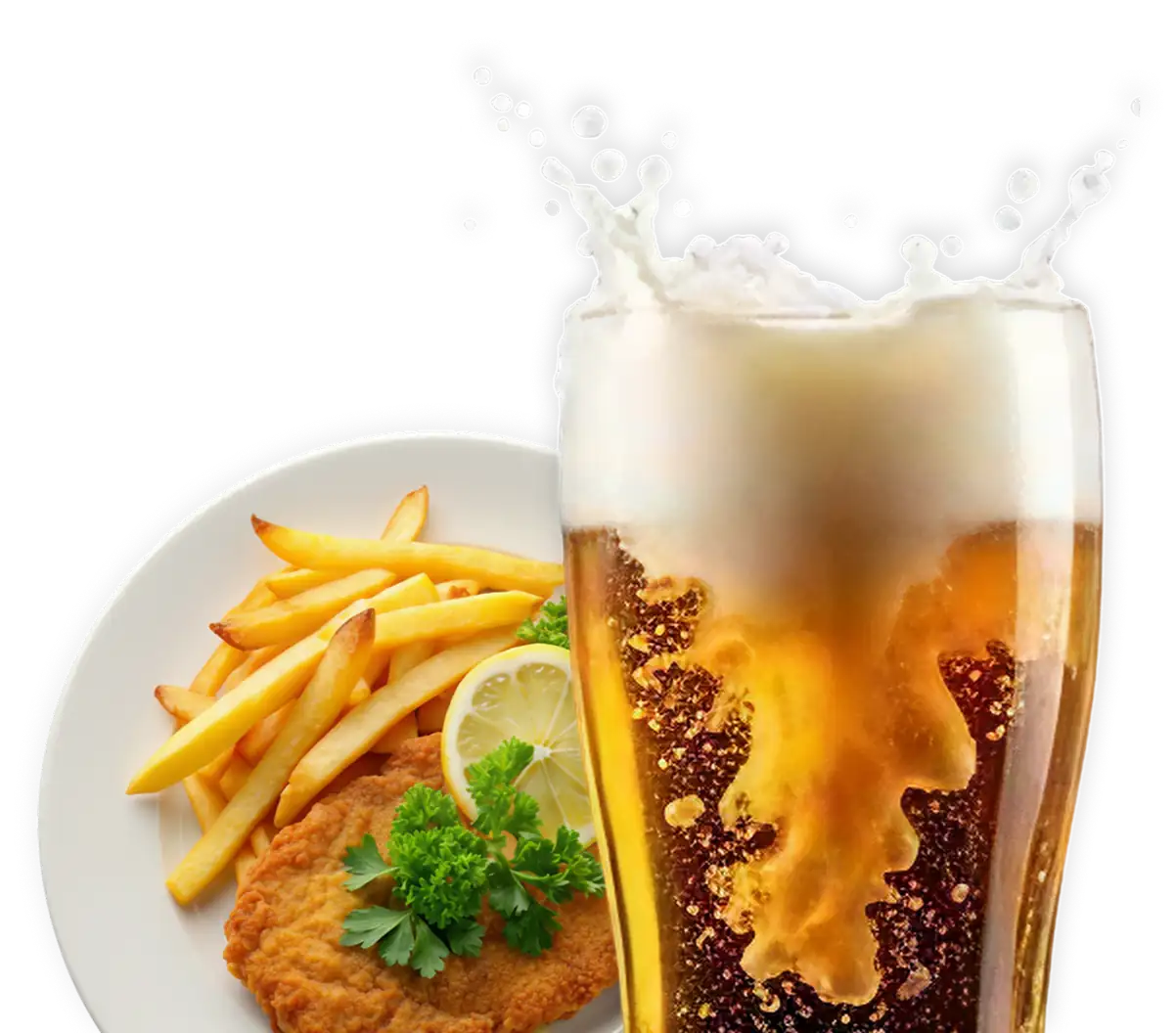 Řízek s hranolkami a sklenice piva